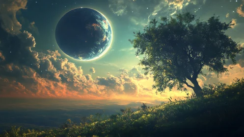 Planetary sky over sunlit hillside with silhouetted lone tree