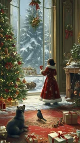 Child in red coat pauses Christmas morning to watch falling snow