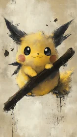 Playful yellow creature perched happily on rustic branch.