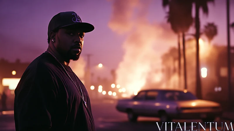 Brooding street sentinel in violet smoke and city firelight.