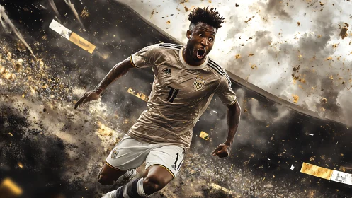 Explosive soccer forward sprints through storm of sparks.