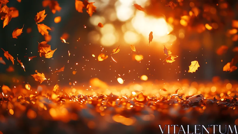 Autumn leaves suspended above forest floor in warm light.