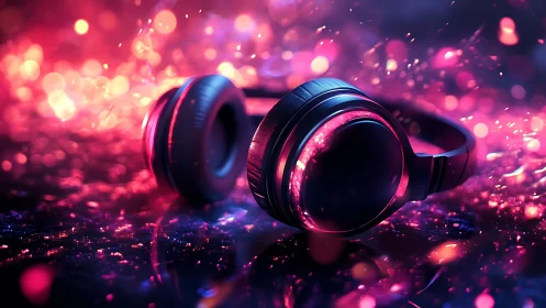 Closed-back headphones on reflective surface with neon light.