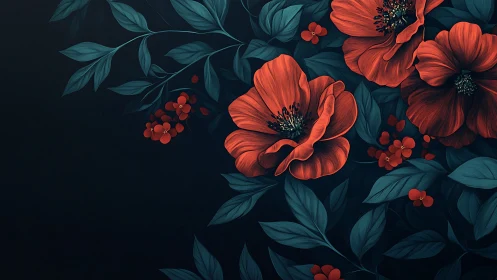 Coral Poppy Florals with Teal Foliage on Deep Navy Background