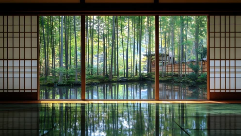 Interior view of tatami room with bamboo grove reflection.