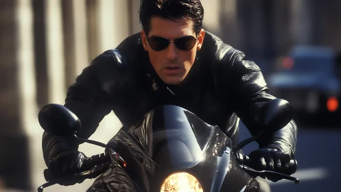 Motorcyclist in black leather at speed on urban street