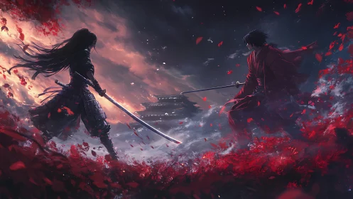 Cinematic samurai duel in crimson storm, widescreen anime framing.