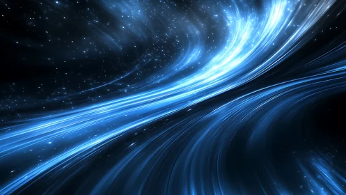 Curved blue light streaks simulate relativistic space-time flow field