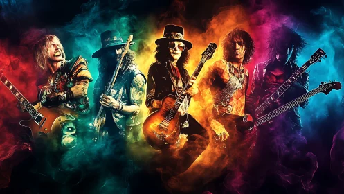 Five rock guitarists in neon smoke with vivid color gradients
