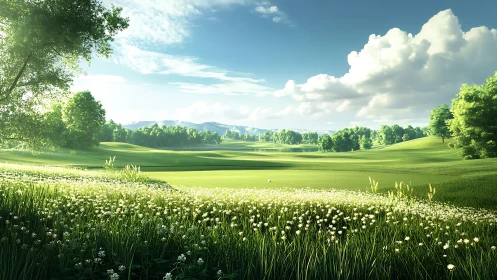 Sunlit golf fairway framed by detailed wildflower foreground depth