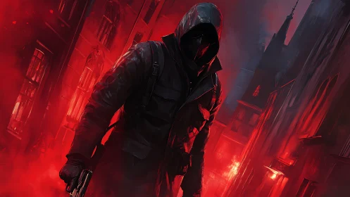 Hooded gunman strides through burning red city alley