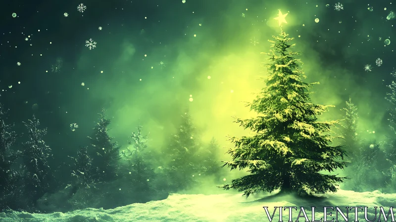 Enchanted Christmas tree glows softly in a snowy forest