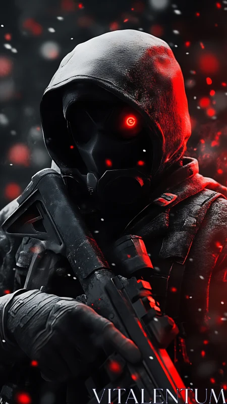 Hooded tactical operative with red cybernetic eye in snowfall
