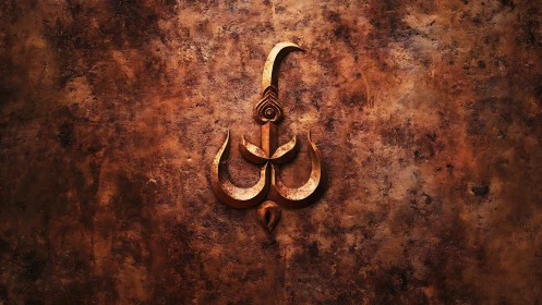 Rustic metallic trident emblem on textured oxidized surface
