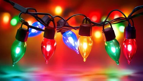 Colorful holiday string lights glow against soft bokeh background.