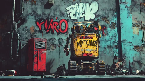 Yellow tracked robot stands against graffiti stained wall