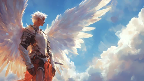 Armored angelic warrior rises through luminous cloud sky.