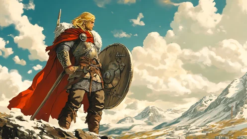 Warrior in fur-lined armor surveys snowy mountain valley