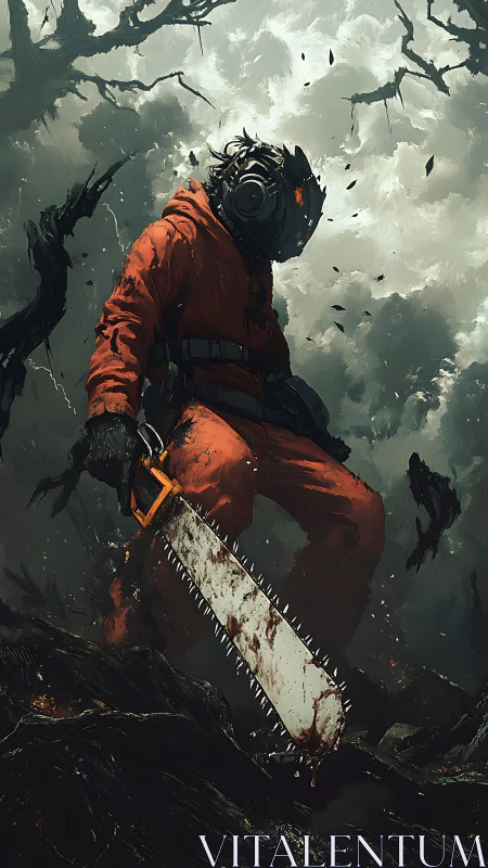 Masked lumberjack strides through stormy forest holding chainsaw