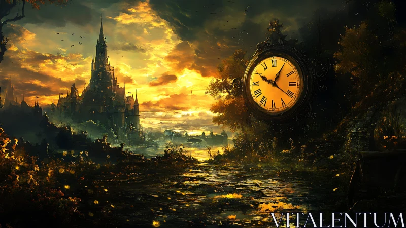 Sunset kingdom paused beneath a colossal gilded clockface.