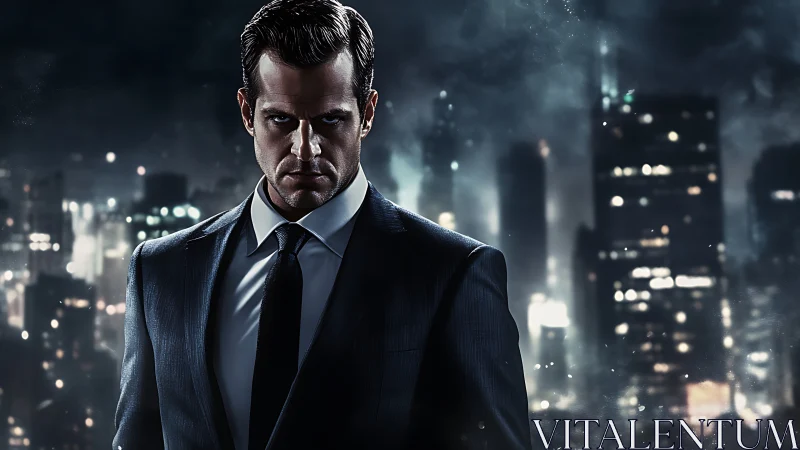 Brooding suited man dominates a stormy night cityscape.