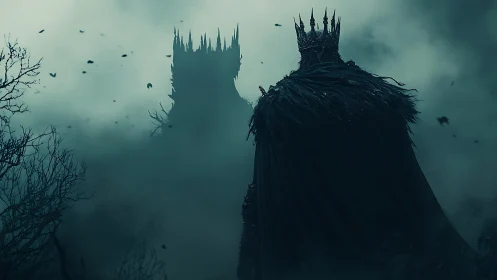Shadowed crown lord before looming fortress in misted dusk.