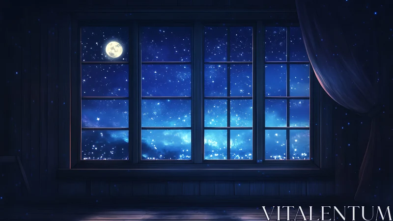Moonlit night sky outside dark wooden room window.