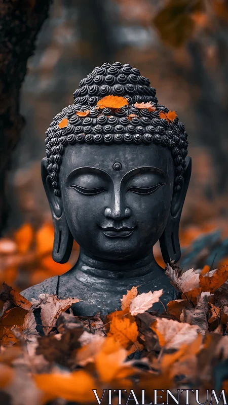 Buddha statue head surrounded by sharp autumn foliage detail