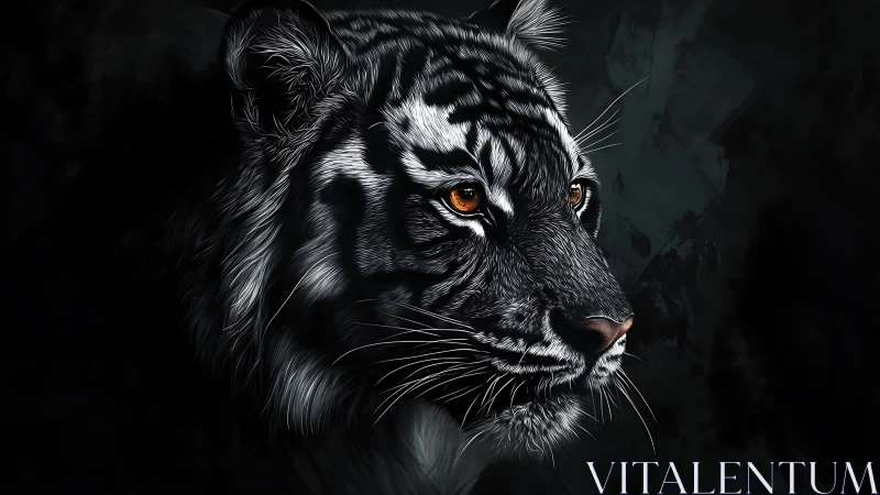 Midnight tiger gaze carved from light in shadowed silence.