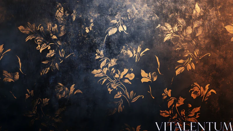 Oxidized floral stencil on distressed metallic ground surface.