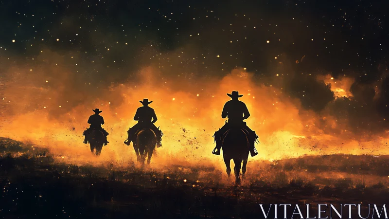 Silhouetted cowboys on horseback crossed by wildfire glow.