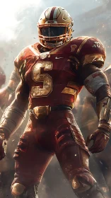 Armored gridiron titan in gold-trimmed exoskeletal uniform.