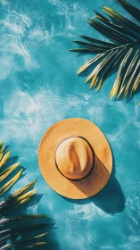 Sunlit straw hat resting in a dreamy turquoise escape.