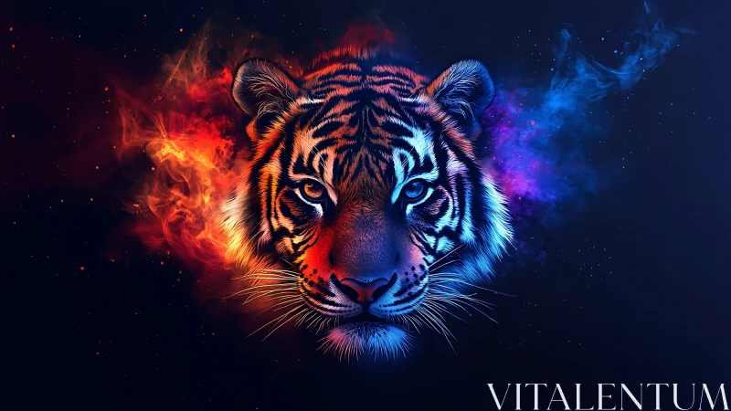 Digital painting of a bifurcated fire and ice tiger portrait.