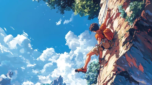 Rock climber scales sunlit cliff under vivid summer sky.