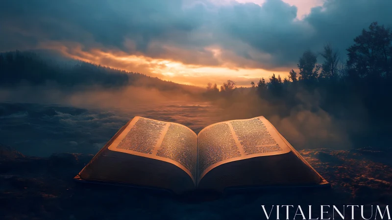 Ancient open book glows beside misty river at sunrise.