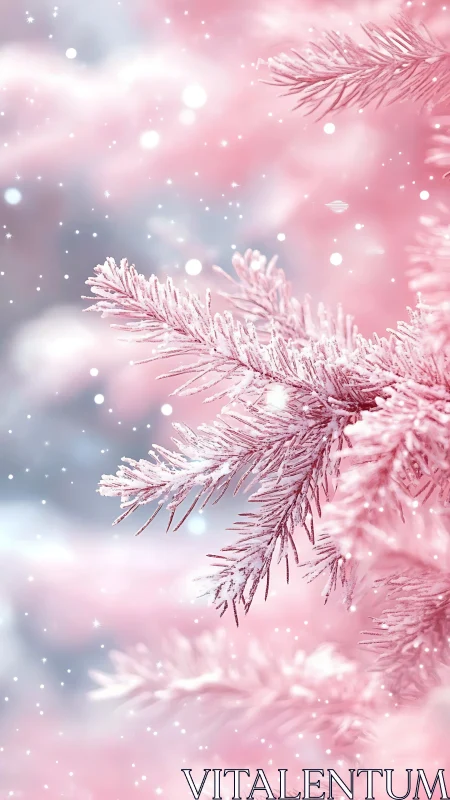 Pink frosted pine branches with falling winter snow.