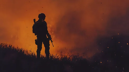 Solitary Soldier Silhouette Against Inferno Landscape.