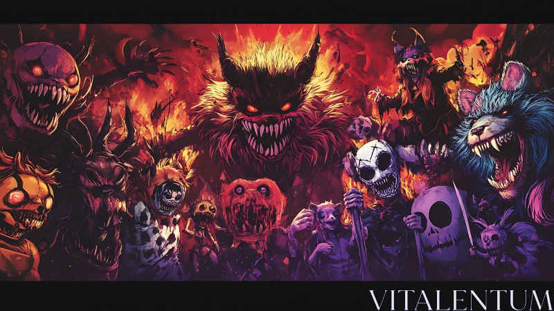 Nightmare creature horde amid raging inferno backdrop.