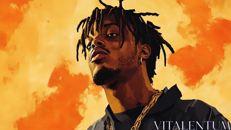 Stylized hip-hop portrait with bold orange cloud backdrop.