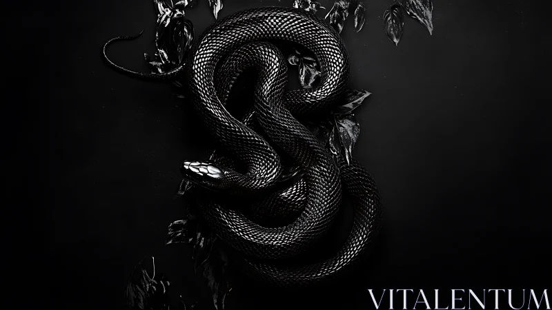 Coiled black snake rests on dark leaves in studio lighting