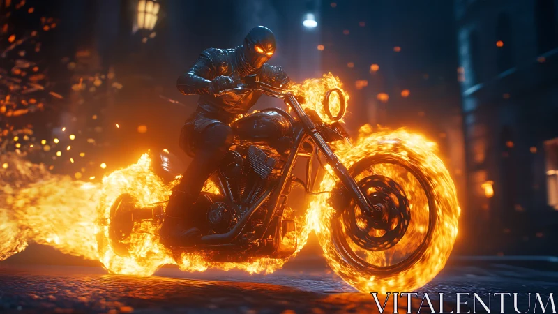 Blazing rider charges through the night on a flaming street