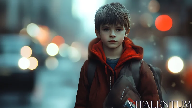 Young boy in red jacket stands alone on a blurred city street.