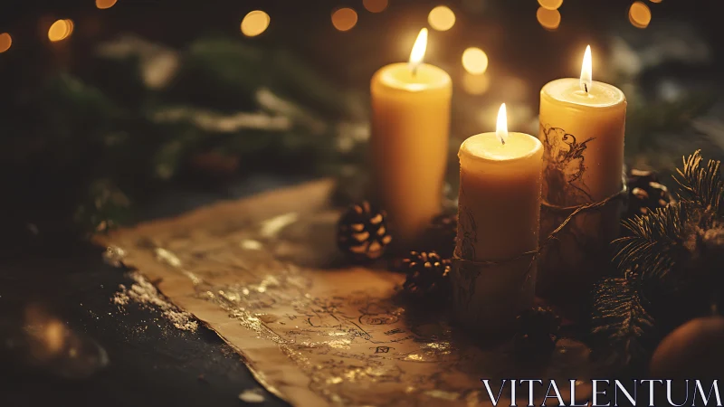 Golden candle trio illuminating vintage holiday map.