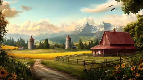Peaceful farm landscape with red barn and mountain backdrop.