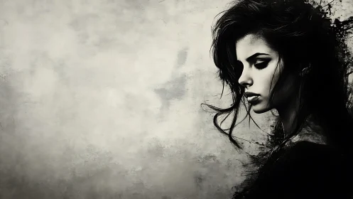 Monochrome muse dissolving into storm-kissed shadows.