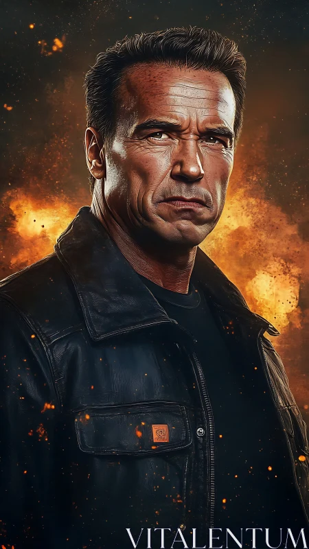 Weathered action hero amid blazing cinematic firestorm.