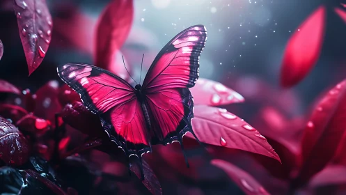 Pink butterfly on wet foliage in soft low light setting.