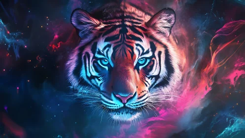 Tiger portrait in neon cosmic abstract environment.