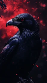 Dark raven profile against vivid red ember glow background.